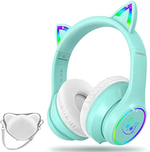 LOBKIN Bluetooth 5.3 Kids Headphones with Case - RGB LED Light Up Cat Ears Foldable Adjustable Over Ear Headphone Support Wireless or 3.5mm Wired Mode for Toddler & Girls & Boys Teens