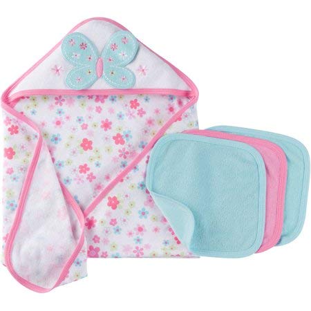 Gerber Newborn Baby Girl Towel and Washcloths Bath Essentials 4-Piece Gift Set