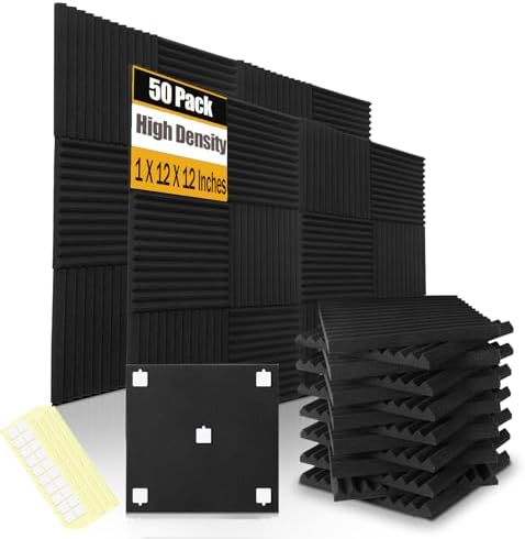 50 Pack Acoustic Foam Panels 1" X 12" X 12" Wedge Soundproof Studio Foam for Walls Sound Absorbing Panels Sound Insulation for Studio (50 Pack, Black)