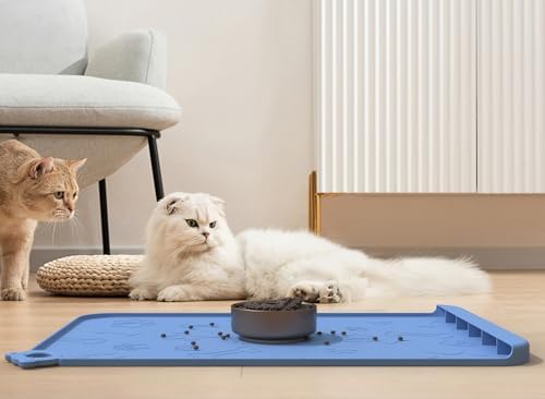 Pet Feeding Mat, Dog Food Mat, 36''x 24'' Large Silicone Pet Feeding Mats with Residue Collection Pocket, Waterproof Dog Cat Bowl Mats for Food and Water with Edge and Hook, Tray for Dog Bowls, Blue