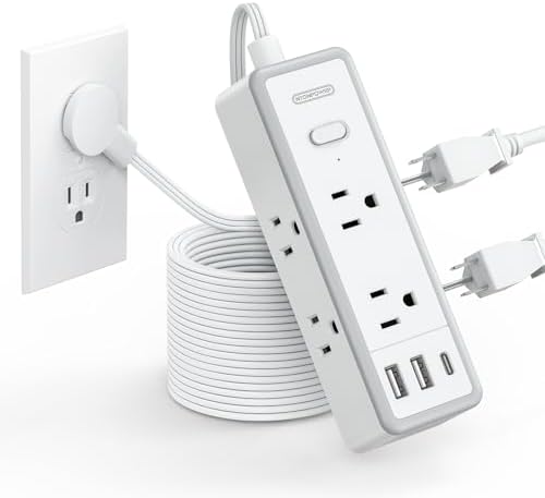 NTONPOWER Power Strip Surge Protector(1080J), Extension Cord 10 FT Flat Plug, 6 Wide outlets with 3 USB Ports (1 USB C), 3 Sided Multi Outlet Extension Cord, Compact Power Strip for Travel, College