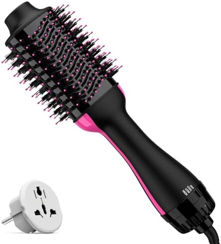 Dual Voltage Hair Dryer Brush with European Plug, Blow Dryer Brush for European Travel, 110V-120V/220V-240V Hot Air Brush and Styler Volumizer with Negative Ion Anti-frizz