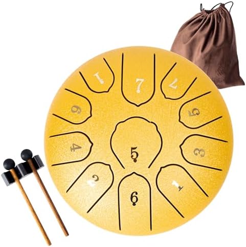 Steel Tongue Drum Rain Chime, 11 Notes 6 inch Rain Drum for Outside When It Rains, Chakra Drum with Bag, Mallets, Finger Picks, Percussion Instrument for Meditation Yoga Education (Gold)