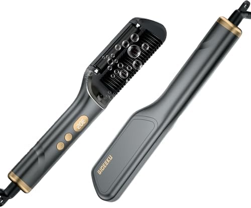 Hair Straightener Brush, Negative Ion Flat Iron & Straightening Comb 2 in 1 with Convenient Comb, Fast Heating, Anti-Scalding, 30s Fast Heating, 5 Temp Settings 284℉ - 392℉ (Gold Gray)