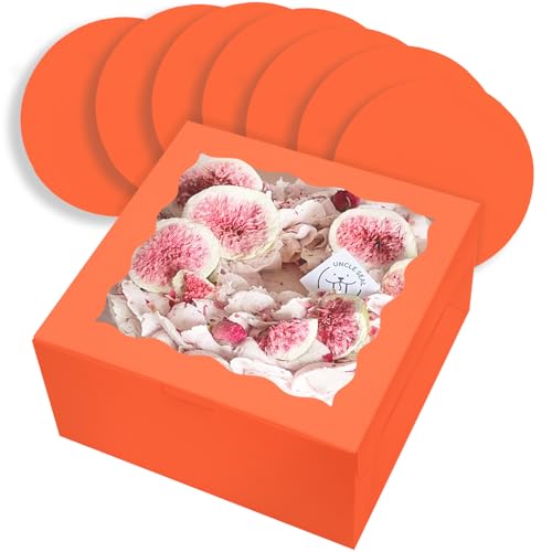 qiqee 10x10x5 Cake Box, 18 Sets Coral Orange Cake Box with Window ＆ 18 Sets 10" Coral Orange Cake Round Boards, 10inch Cake Containers