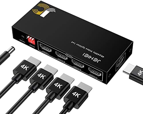 HDMI Splitter 1 in 4 Out, JCHICI HDMI Switcher Splitter 4K@60Hz 4:4:4, HDMI Spliter for Dual Monitors, EDID Control, Compatible with Xbox PS4 Blu-Ray Player HDTV (1 Source onto 4 Displays)