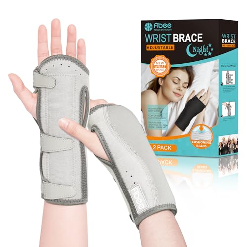 Carpal Tunnel Wrist Brace Night Support 2 Pack, Adjustable Wrist Brace for Sleeping, Wrist Splint with Cushioned Beads, Hand Wrist Support for Carpal Tunnel Relief, Fits Left and Right Hands, Grey