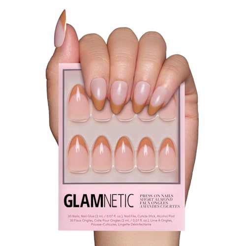 Glamnetic Press On Nails - Café Crème | Semi-Transparent Light Brown French Tip Short Almond False Nails, Reusable Stick On Fake Nails with Glue | Salon Quality | 15 Sizes - 30 Nail Kit