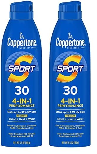 Coppertone SPORT Sunscreen Spray SPF 30, Water Resistant Sunscreen, Broad Spectrum Spray Sunscreen SPF 30, 5.5 Oz Spray (Pack of 2)