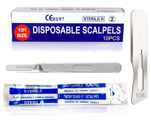 10r Disposable Scalpels 10R - Dermaplaning Tool Scalpel Blades 10R with Plastic Handle, High Carbon Steel Dermablade Blades #10 Surgical Blades, Scaple - Box of 10