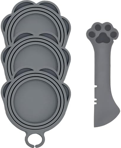 3 Pcs Cat Food Can Covers & One Can Opener | Cute Paw Shape Can Covers and Opener Spatula Cat Wet Food Spoon | Universal BPA Free Silicone Can Food Spoon & Covers for Dog Cat Cans(Grey)