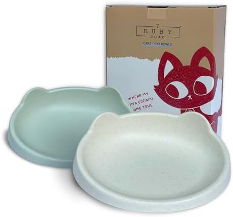 7 Ruby Road Anti Whisker Fatigue Cat Bowl, Set of 2 - Wide Cat Food Bowls, Wet and Dry Shallow Cat Food Dish, Small Cat Dishes for Indoor Cats, Cute Kitten Bowls Whisker Friendly & Relief Non-Slip 6oz