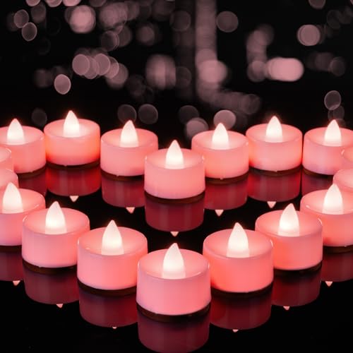 BEICHI Flameless Candles, 24-Pack LED Tea Lights Candles Battery Operated, Electric Fake Tealight Candles, Votive Candles Bulk for Halloween, Christmas, Valentine's Day, Wedding (Pink Candles)