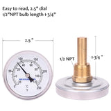 MEASUREMAN Hot Water Bi-Metal Thermometer, 2-1/2" Dial, 1-3/4" Lead-Free Brass Stem, Range 0-250 deg F/-20-120 deg C, 2% Accuracy, Adjustable, 1/2" NPT Back Mount（2 Pack）