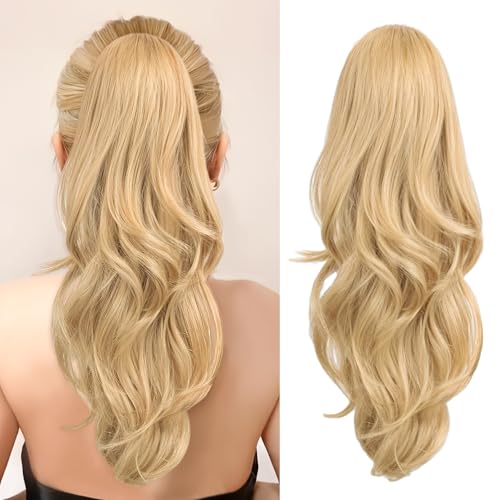 Blonde Ponytail Extension, 20 Inch Drawstring Ponytail Extension for Women Long Blonde Wavy Layered Pony Tails Hair Extensions Synthetic Clip in Ponytail Hairpiece for Women(27/613)