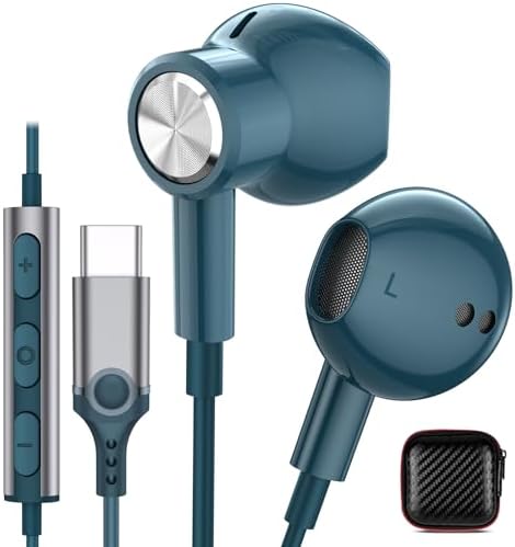 USB C Earbuds Wired Headphones for iPhone 16 Plus 15 Pro Max 16e iPad Magnetic Type C Corded Ear Buds Earphones Microphone for Android Samsung Galaxy S25 S24 S23 S22 S21 S20 Google Pixel 9 8 Lake Blue