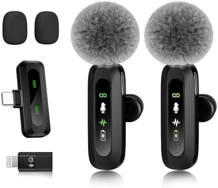 New Wireless Lavalier Microphone for iPhone, iPad, USB-C, 2 PCS Tiny Lapel Mic with Adapter, Bluetooth TikTok, Social Media Microphones for Vlogging, Recording Filming Blogger