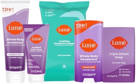 Lume Skin Care Gift Set for Women, Whole Body Deodorant Starter Pack - Smooth Solid Stick, Invisible Cream Tube, Acidified Body Wash Mini & Deodorant Wipes - Aluminum Free Odor Control (Lavender Sage)