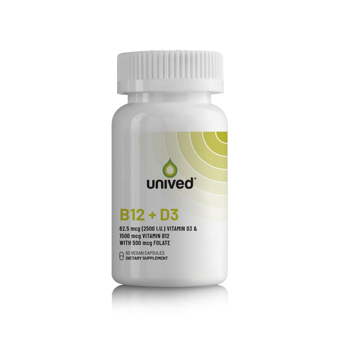 Unived Vegan B12 + D3, B12 (1500mcg Methylcobalamin), D3 (2500IU, Lichen), B9 (500mcg 5-MTHF) & Moringa, Immune Bone & Heart, Energy & Metabolism, 60c