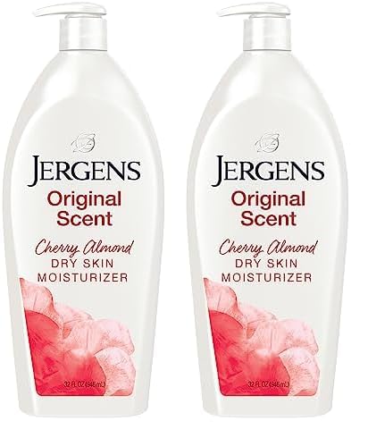 Jergens Original Scent Dry Skin Lotion, Body and Hand Moisturizer for Long Lasting Skin Hydration, with HYDRALUCENCE blend and Cherry Almond Essence, 32 Ounce (Pack of 2)