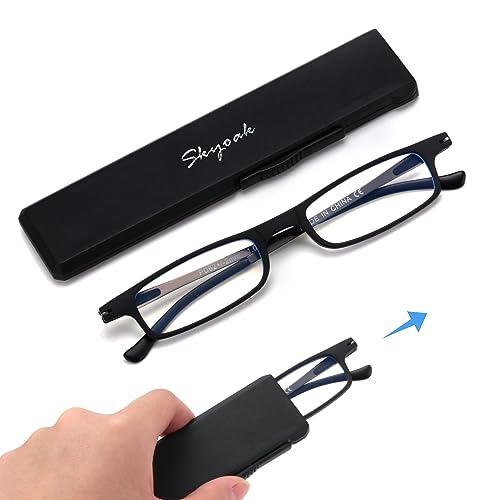 SKYOAK Ultra thin Lightweight Folding Reading Glasses Women Men TR90 Blue Light Blocking Anti UV/Eyestrain Foldable Compact Computer Readers Portable Unique Stretchable Slim Flat case (Black +1.5)