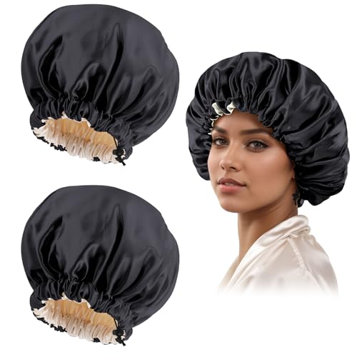 Satin Silk Bonnet for Curly Hair Bonnet Braid Bonnet for Sleeping Bonnets for Women Large Double-Layer Adjustable(2Pcs Black)