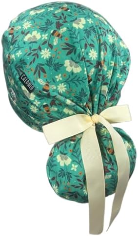 Scrub Cap for Women and Men, Ponytail Scrub Caps, Working Hat, Head Cover with Ribbon Ties and Buttons, Long Hair