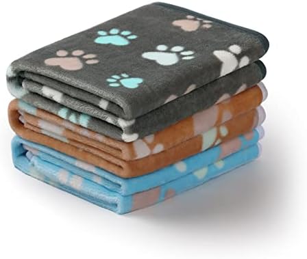 Luciphia 1 Pack 3 Blankets Fluffy Premium Fleece Pet Blanket Flannel Paw Printed Throw for Dog Cat(Medium 30x20'', Grey/Brown/Blue)