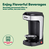 BELLA One Scoop One Cup Coffee Maker, Single Serve Brewer with Adjustable Drip Tray and Permanent Filter, Dishwasher Safe, Stainless Steel and Black