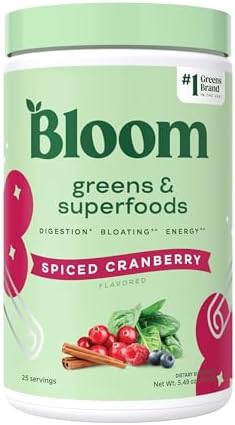 Bloom Nutrition Superfood Greens Powder, Digestive Enzymes with Probiotics and Prebiotics, Gut Health, Bloating Relief for Women, Chlorella, Green Juice Mix with Beet Root, 25 SVG, Spiced Cranberry