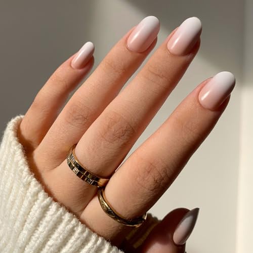 Glamnetic Press On Nails - Creamer | UV Finish Neutral Ombre Short Round Nails, Reusable | 15 Sizes - 30 Nail Kit with Glue