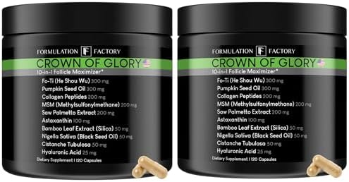 Crown of Glory 10 in 1 Hair Growth Supplement, Supports Hair Growth, Strengthens Nails & Enhances Skin, with Fo-Ti, Saw Palmetto, Pumpkin Seed Oil, Collagen Peptides & More 4 Month Supply (Pack of 2)