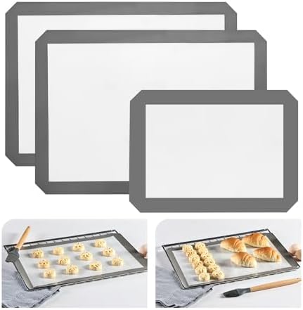 KitchenRaku Silicone Baking Mat Set of 3, 2 Half Sheets (16.5"x11.6") + 1 Quarter Baking Sheet Reusable Silicone Cooking Mat, BPA Free Baking Sheet for Cookies, Macarons Bread & Pastry