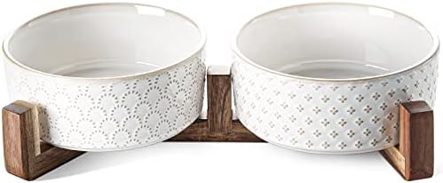 LE TAUCI Dog Bowls Ceramic, Bowl Set with Acacia Wood Stand, 3 Cups Dog Food and Water Bowl for Small Medium Sized, Pet Bowls