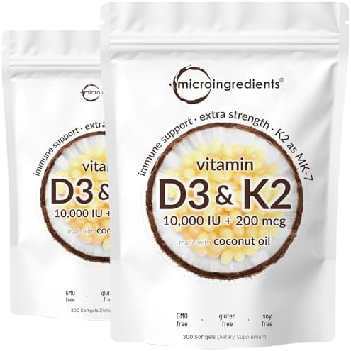 2 Pack Vitamin D3 10000 iu Plus K2 (MK-7) 200 mcg, 300 Virgin Coconut Oil Softgels | 2 in 1 Vitamins D & K Complex | Supports Calcium Absorption, Bone, Immune, & Heart Health – Easy to Swallow
