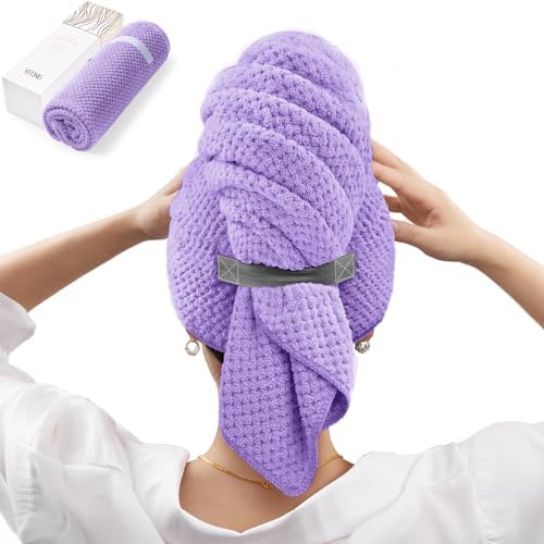 YFONG X-Large Microfiber Hair Towel Wrap for Women, Soft Hair Drying Towel with Elastic Band, Fast Drying Hair Turbans for Wet Curly Long Hair, Microfiber Towel for Hair Anti Frizz 30" X 40" (Purple)