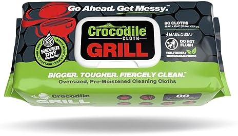 Crocodile Cloth Grill - 80 (15" x 10") Biodegradable Cleaning Wipes. Safe on Skin & Multiple Surfaces. Infused with Aloe & Vitamin E. Large, Pre-Moistened & Absorbent.