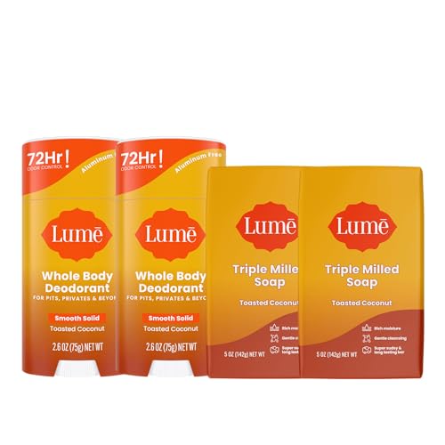 Lume Whole Body Deodorant And Soap - 2.6 Ounce Smooth Solid Stick With 72 Hour Odor Control (Pack of 2) and 5 Ounce Triple Milled Soap (Pack of 2) - Aluminum and Baking Soda Free (Toasted Coconut)