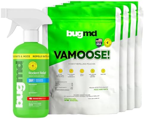 BugMD Vamoose Rodent Repellent Pouches (4 Pack, 16 Pouches) and BugMD Peppermint Oil Spray for Rodents - 16oz Bundle