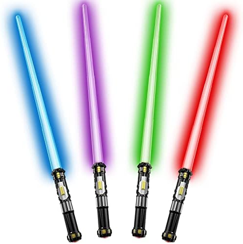 4 Pack Light up Sword Saber with FX Sound (on-Off Control) and Full Retractable Handle, 4 Colors LED Glow in The Dark Toy for Kids Adult