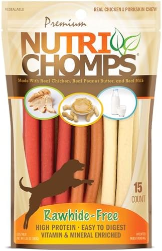 Nutri Chomps Dog Chews, 5-inch Twists, Easy to Digest, Rawhide-Free Dog Treats, 15 Count, Real Chicken, Peanut Butter and Milk flavors