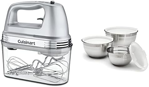 Cuisinart HM-90BCS Power Advantage Plus 9-Speed Handheld Mixer with Storage Case, Brushed Chrome & CTG-00-SMB Stainless Steel Mixing Bowls with Lids, Set of 3
