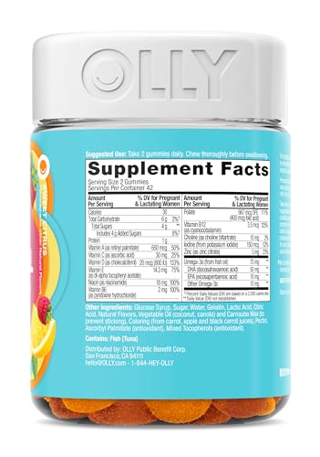 OLLY Essential Prenatal Gummy Multivitamin, Folic Acid, Vitamin D, Omega 3 DHA, Supports Healthy Growth and Brain Development, Citrus Berry - 84 Count