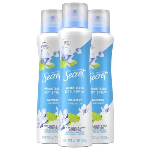 Secret Dry Spray Antiperspirant Deodorant for Women, 48hr Weightless Sweat & Odor Protection, Gentle on Skin, Waterlily & Argan Oil Scent, 4.1 oz (Pack of 3)