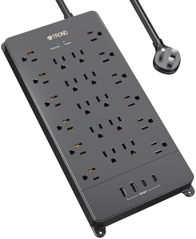 TROND Surge Protector Power Strip, 5ft Flat Plug Extension Cord with Multiple Outlets, 22 Widely Spaced AC with USB Ports, 4000 Joules, Heavy Duty, Wall Mount, Under Desk, ETL Listed, Black