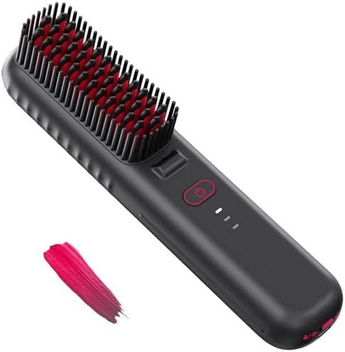 Cordless Hair Straightener Brush, Portable Mini Straightening Brush for Travel, Negative Ion Hot Comb Hair Straightener for Women, Rose Red