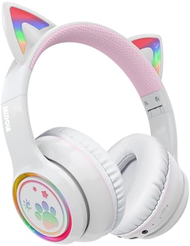 MIDOLA Headphones Cat Ear Wireless Bluetooth 5.3 60H Over Ear, 8H with Led Light Foldable Music Gaming Headset with Aux 3.5mm Mic for Game Pad Tablet Laptop Phone White
