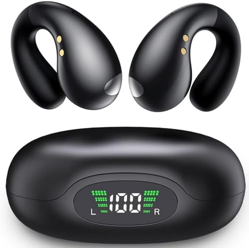 Open Ear Clip Bone Conduction Earbuds - Enhanced Comfort Wireless Bluetooth 5.3 Sports Headphones, 40 Hour Play Time, Digital Display with Charging Case, Waterproof Running and Fitness earphones