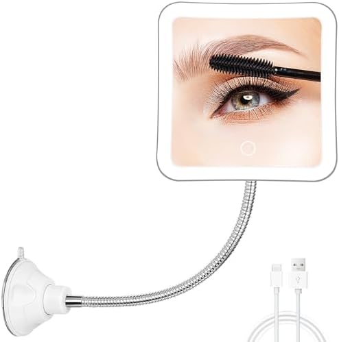 Fabuday Flexible Gooseneck 30X Lighted Magnifying Mirror - Upgraded Rechargeable Makeup Mirror with Lights and Magnification, LED Travel Mirror with Suction Cup for Bathroom, 3 Color Lighting, Square