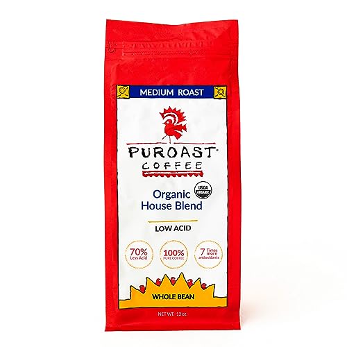 Puroast Low Acid Coffee Bean | Organic House Blend Roast Whole Bean | Medium Roast | High Antioxidants & High pH |No Bitter Aftertaste | Reduced Heartburn & GERD | Suitable for Cold Brew - 12 oz